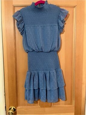 Aqua Dusty Blue Smocked Dot-Tiered women’s Dress